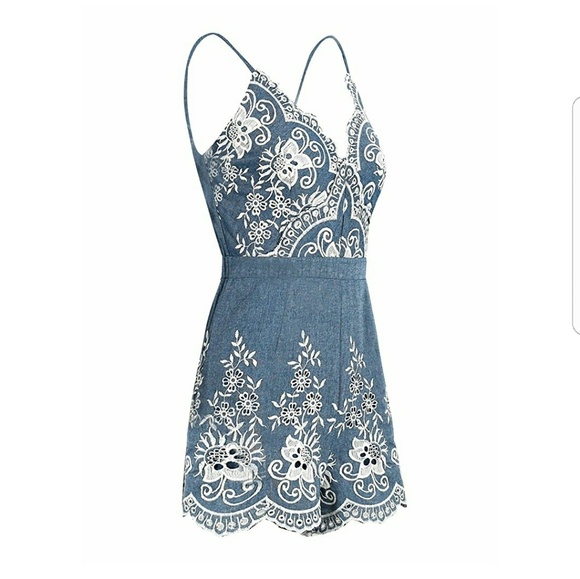 Denim & Lace Floral Romper - Picture 3 of 7